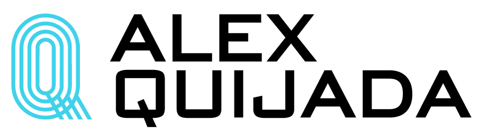 La imagen muestra un logotipo estilizado en el que aparece, a la izquierda, una gran letra «Q» azul con contorno y, a la derecha, el nombre «Alex Quijada» en mayúsculas negras y negrita, lo que resalta la identidad de marca distintiva de Alex Quijada.